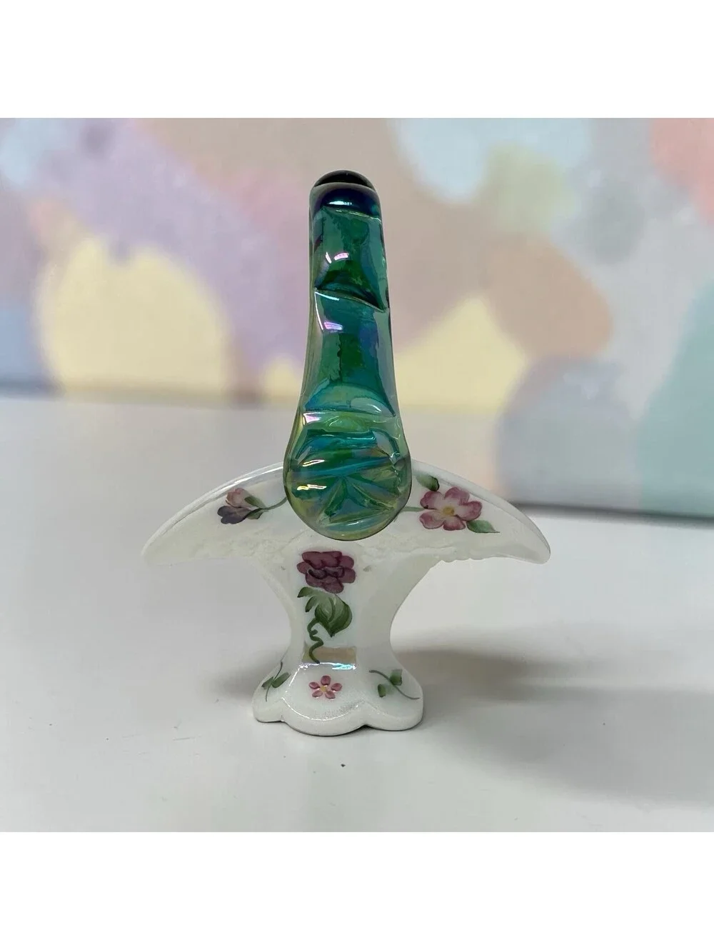 Fenton Glass Iridescent Spanish Lace Floral Hand Painted Mini Basket Signed